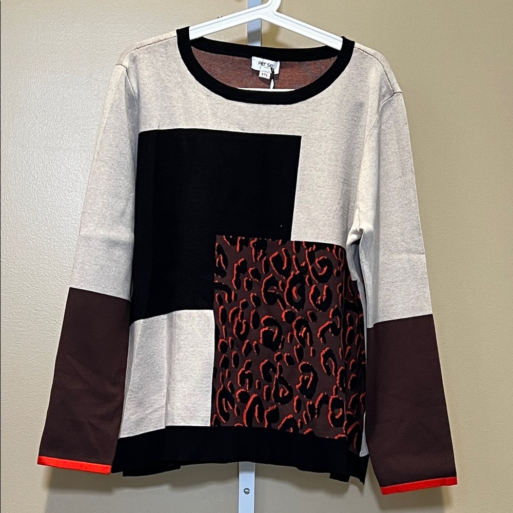 Per Se Colorblock Sweater with Leopard Pocket - Beige Black Brown Red